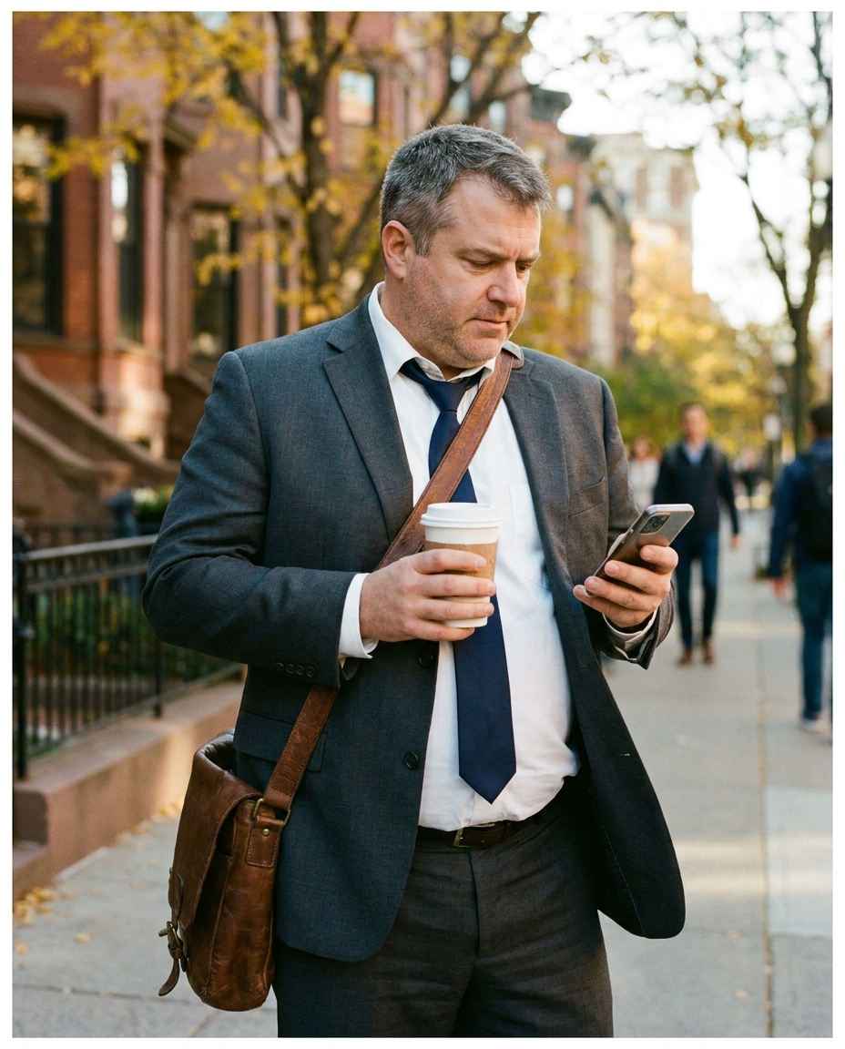 Boston businessman in his mid-40s walking through a Back Bay street on his morning commute