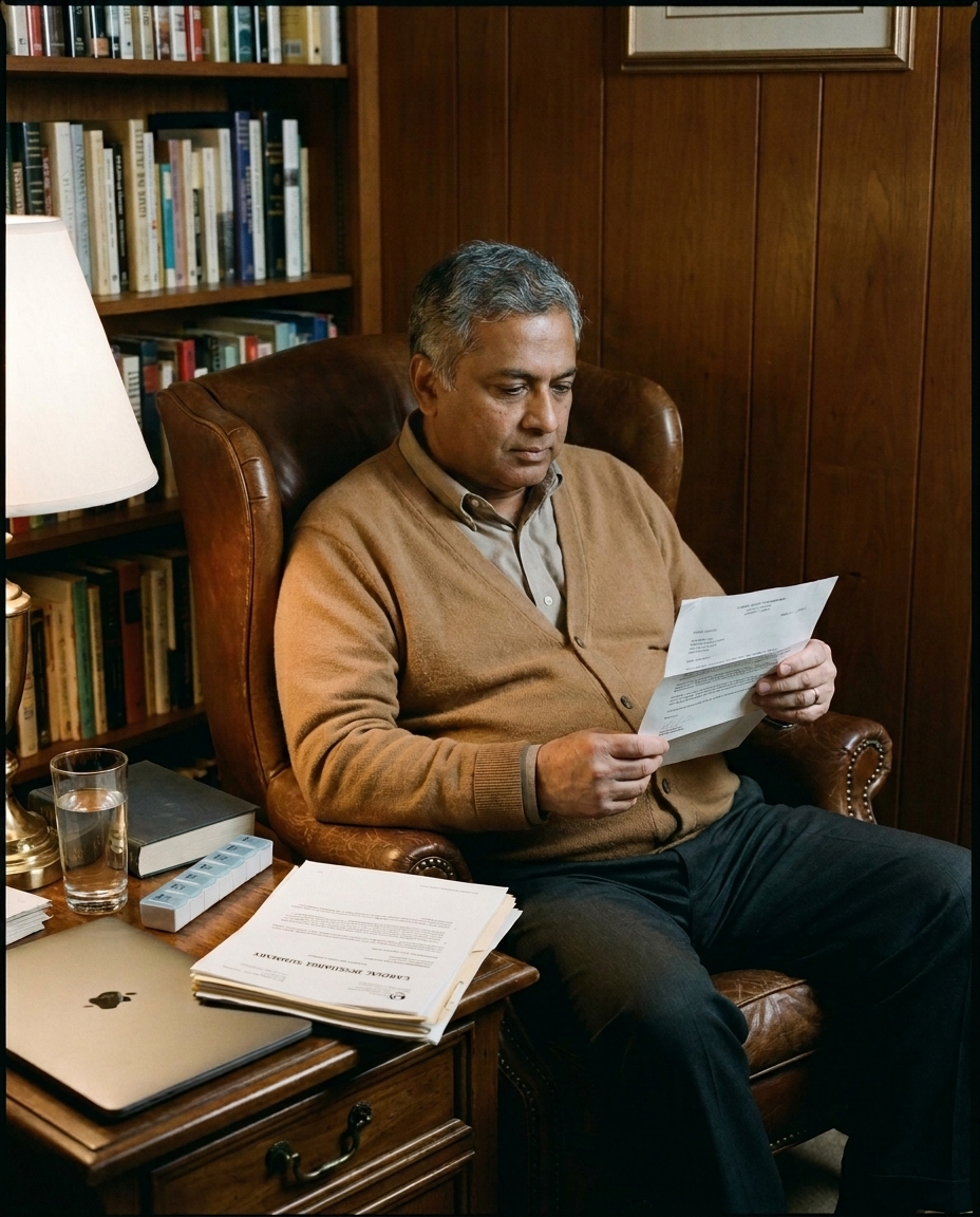 Man in his early 60s in a brownstone study with cardiac discharge papers, post-cardiac event