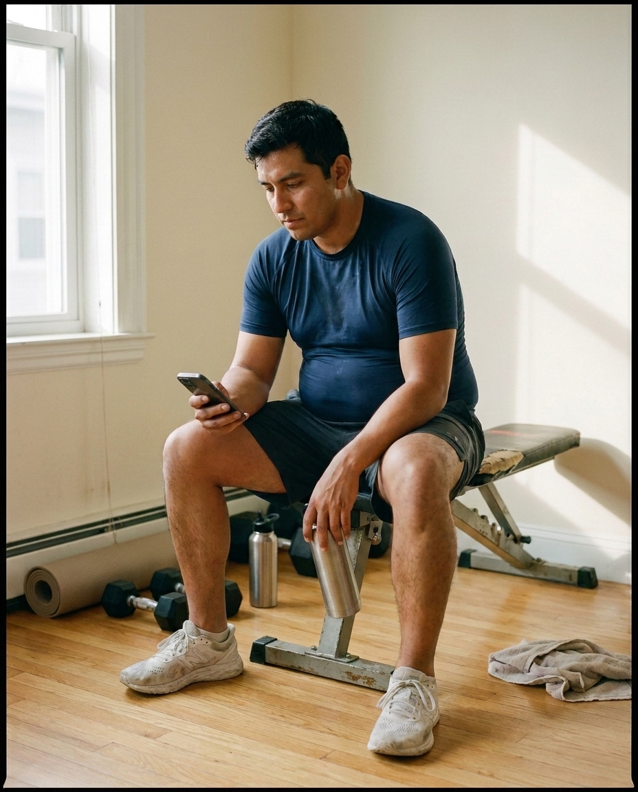 Man in his early 30s post-workout in his home gym, looking at a flat weight graph on his fitness app