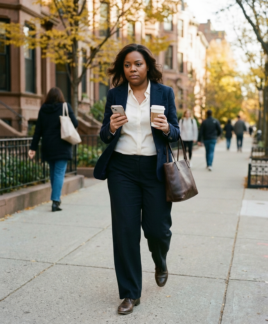 Menopausal woman, visibly carrying significant weight, in a Back Bay setting reviewing her morning