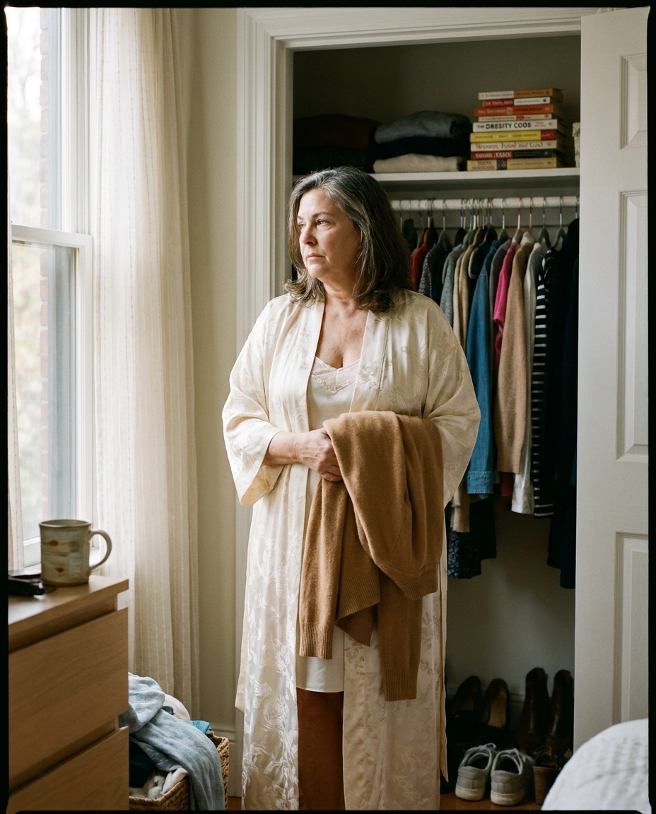 Postmenopausal woman in her early 60s holding a folded sweater at a brownstone window