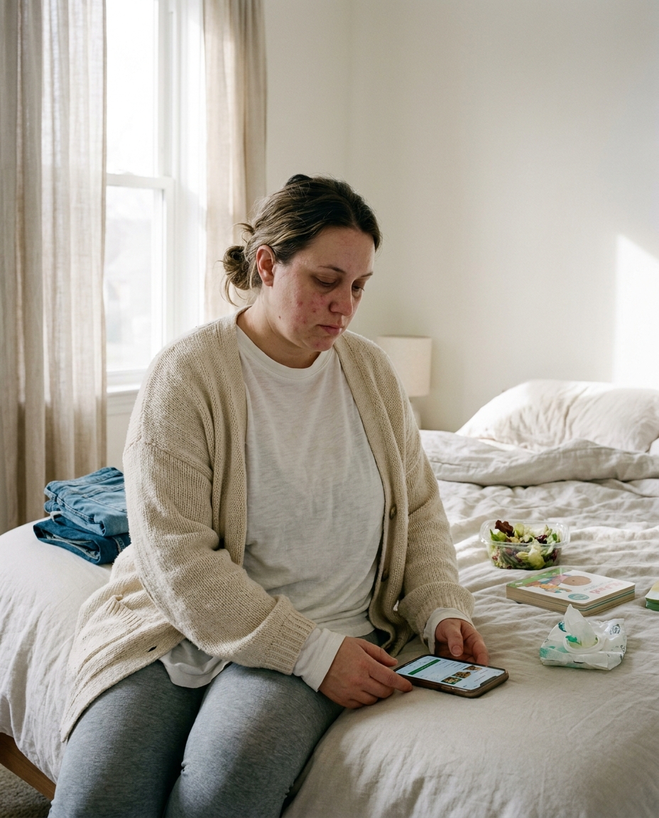 Woman in her early 30s in a brownstone living room, paused mid-task, postpartum body change